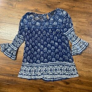 Lucky Brand Blouse Top Womens L Blue Floral Print 3/4 Sleeve Pullover Linen Blen